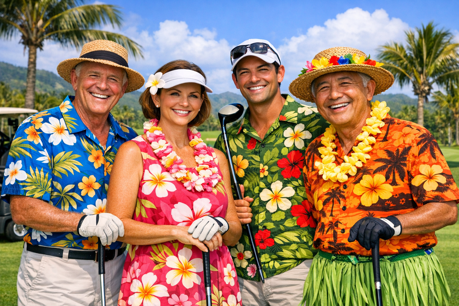 4 golfers in Luau garb